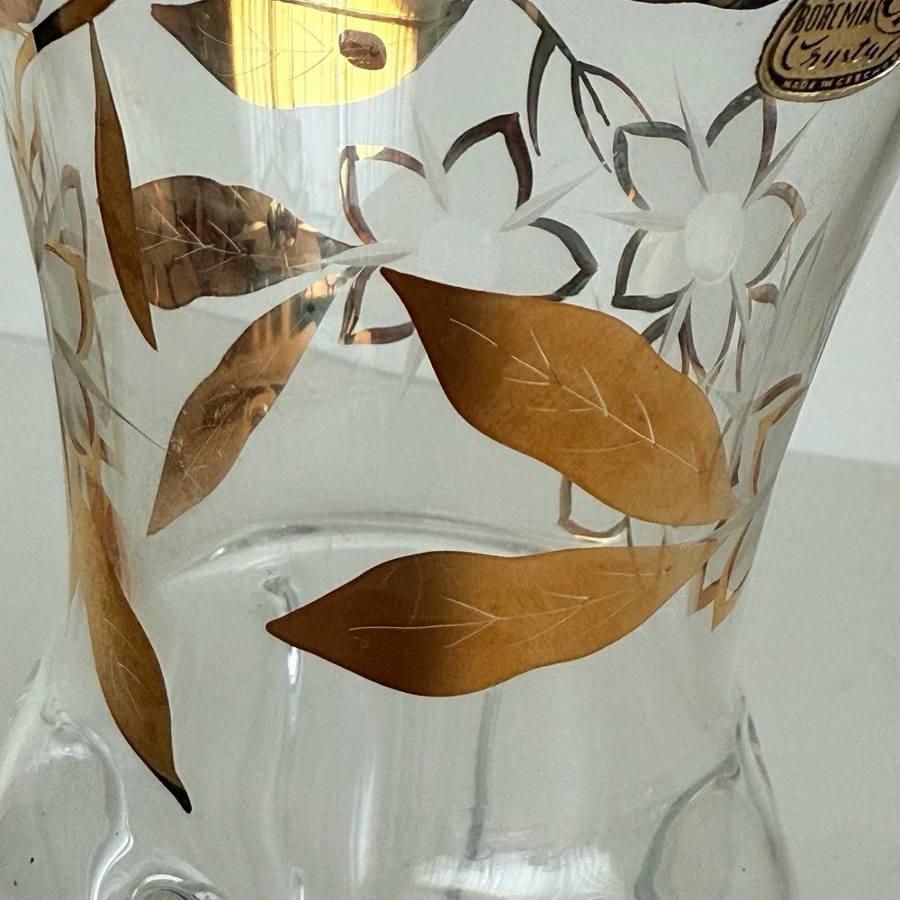 Bohemia Crystal Vase Gold Floral Etched Made‎ in Czechoslovakia Vintage READ